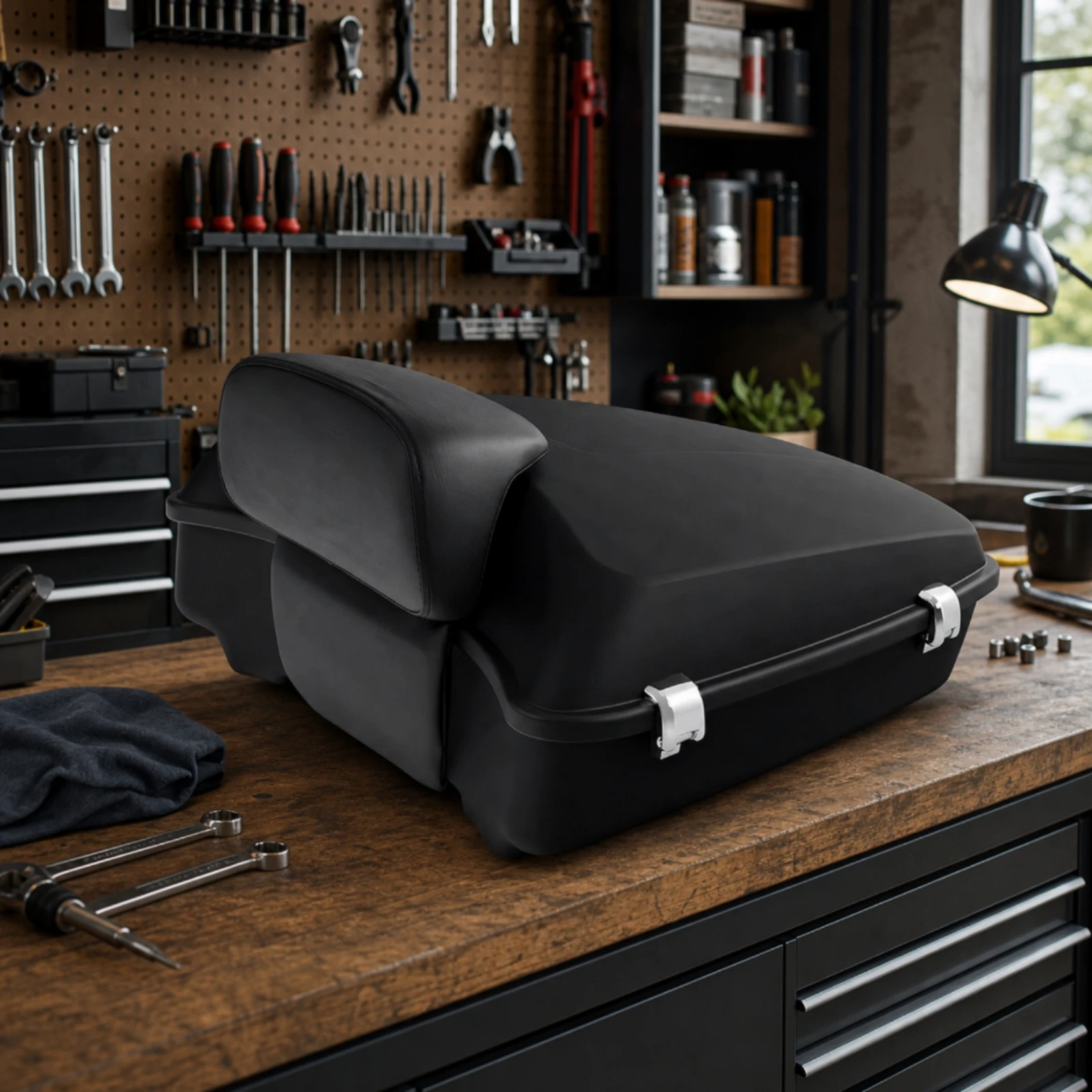 Motorcycle Top Box with Backrest Hard-Shell Motorcycle Trunk with Backrest Luggage Weather-Resistant Easy to Install