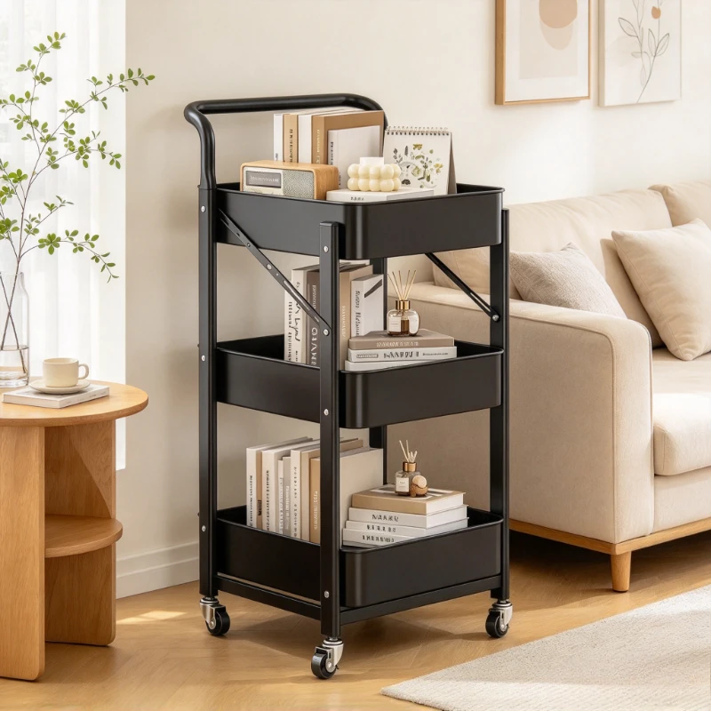 3-Tier Rolling Storage Cart, Black Utility Trolley with Push Handle, Reinforced Structure and Openwork Shelves for Snacks