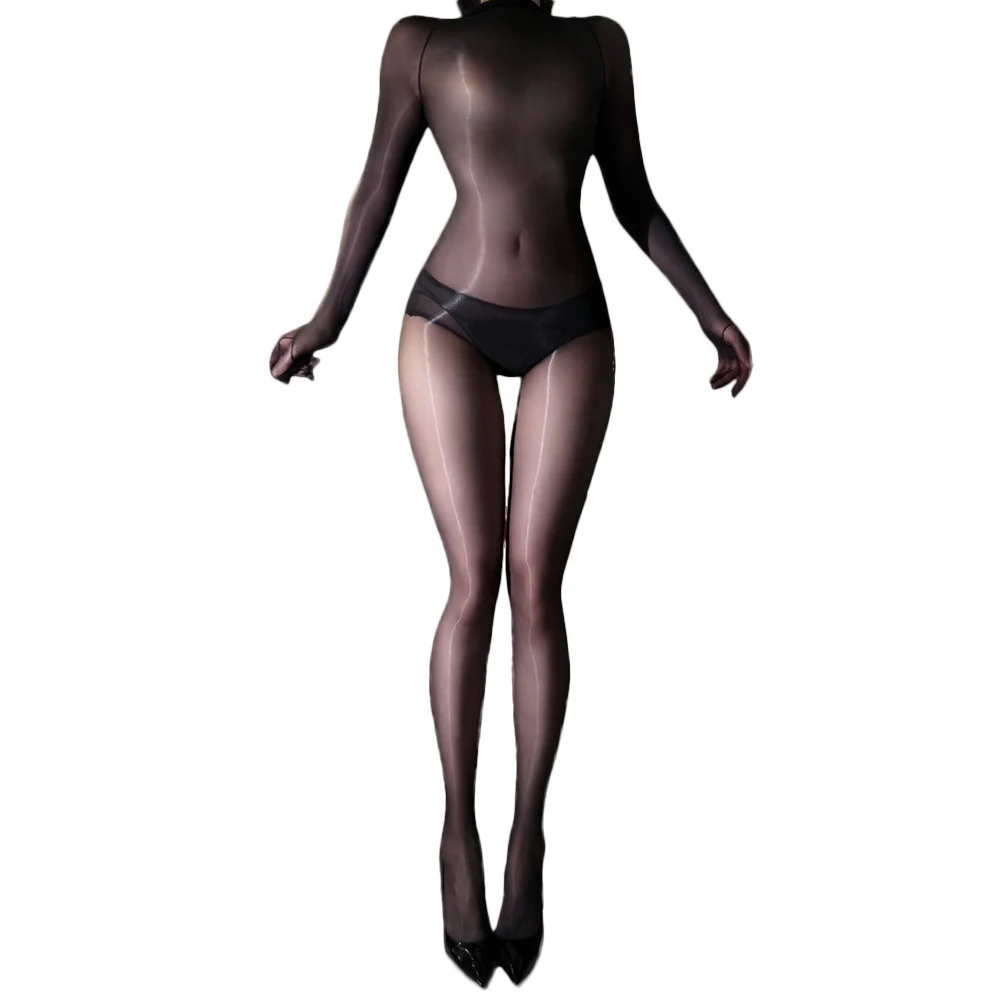 Fashion Women Glove Sleeve Full Bodysuit Open Crotch 5D Thin Elastic Tight Bottom Wear Sheer See Through Maid Leotard Cocoons