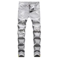Mens Jeans Large-size Straight Light Gray Denim Trousers Spring and Autumn Full Length Male Pants Ripped Jeans