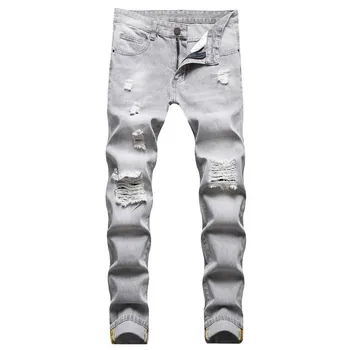 Mens Jeans Large-size Straight Light Gray Denim Trousers Spring and Autumn Full Length Male Pants Ripped Jeans