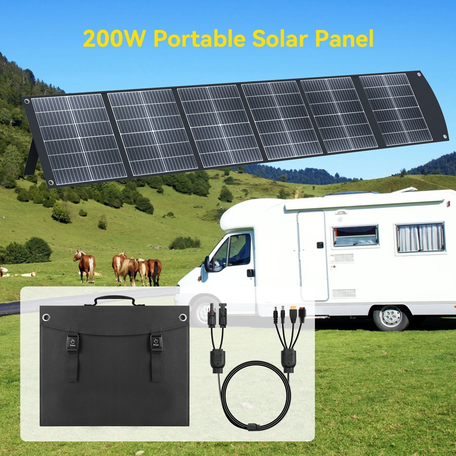 

200W Portable Solar Panel Kit, Foldable & Lightweight, High Efficiency Charger for Outdoor Camping, RV, Home, Emergency Power, C