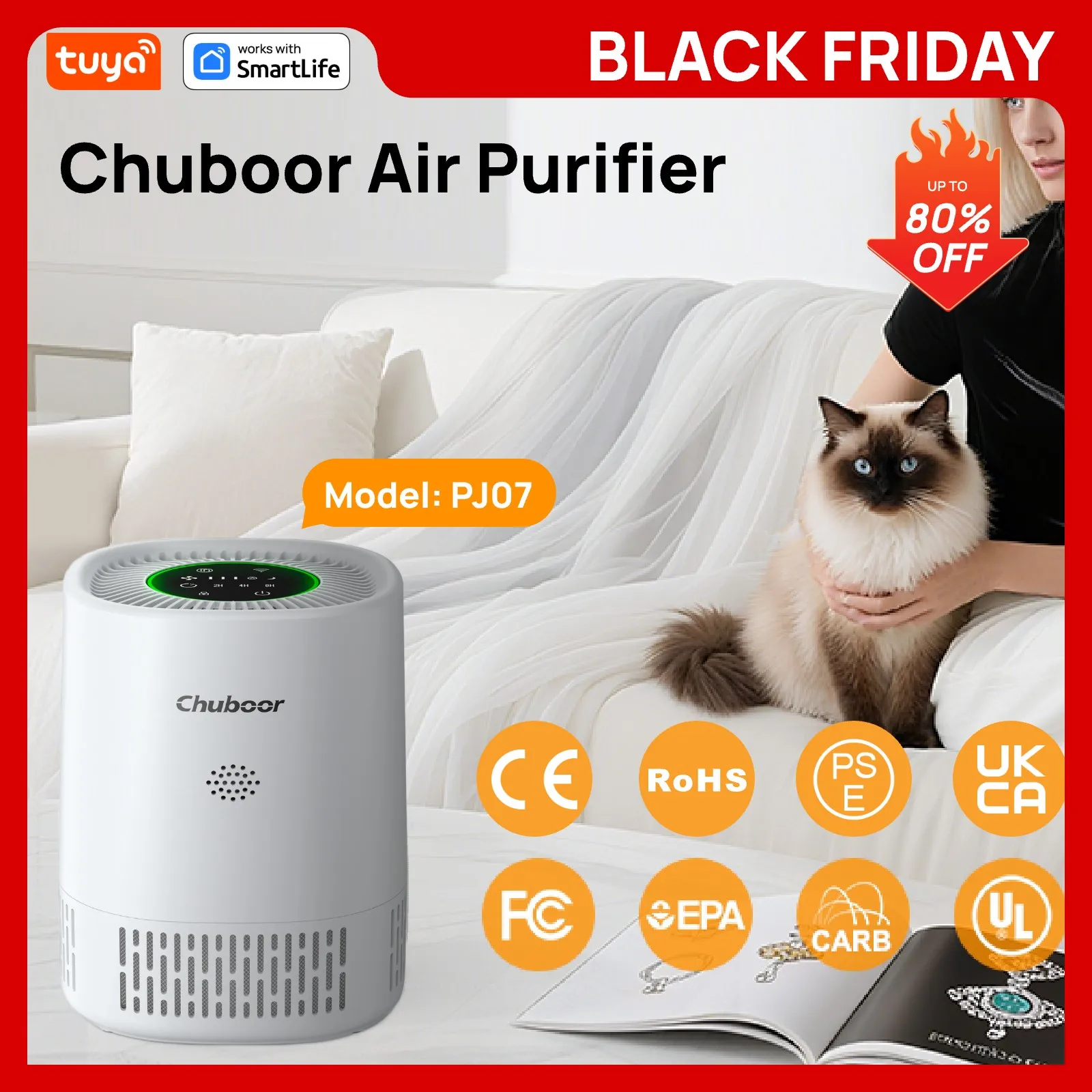 

PJ07 Pro Tuya Smart Air Purifier, App Control & Timer,24dB 3-Speed H13 HEPA+Carbon,15㎡for Office/Study/Baby Room, Alexa/Google