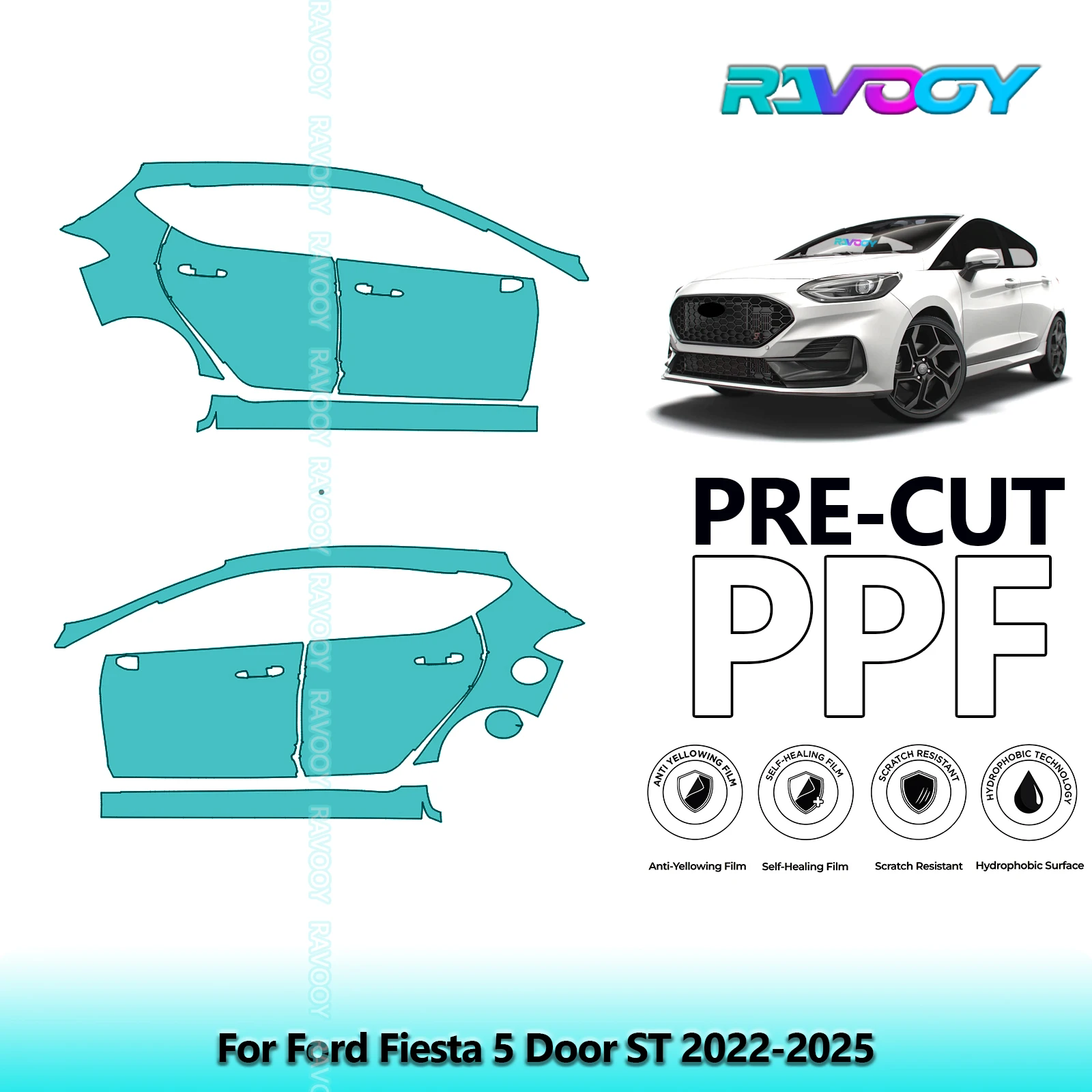 

For Ford Fiesta 5 Door ST 2022-2025 8.5mil Clear Matte Pre-Cut PPF Door & A/B Pillar Kit TPU Paint Protection Film Set