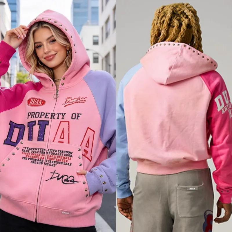 Fall Winter New Collection DUAA Streetwear Hooded Zip Jacket Color Block Slogan Print Men Top