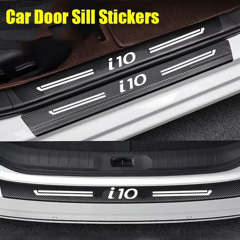 For Hyundai i10 Logo Carbon Fiber Car Door Threshold Protector Front Rear Door Sill Anti Scratch Sticker Rear Trunk Bumper Guard