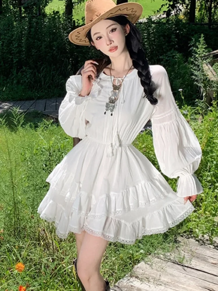 

Women's Fashion New Elegant All White Dress Vintage A-Line Solid Chic Party Birthday Fall Clothes Female Korea Style Vestidos