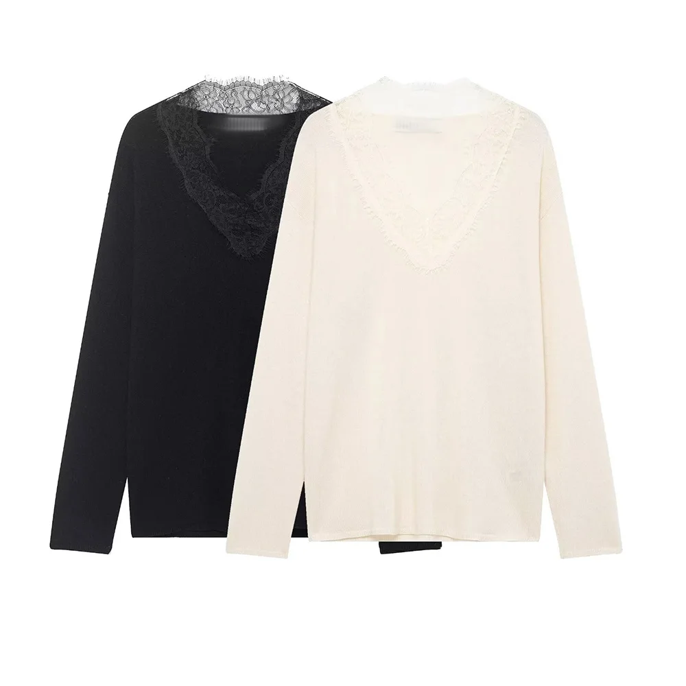 

WOMEN 2026 Summer New Fashion Lace Knitted Sweater Retro V Neck Long Sleeve All-match Casual Female Pullovers Chic Tops