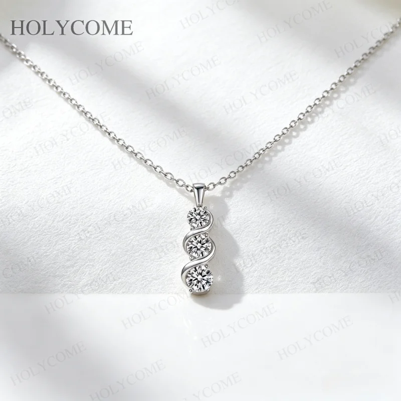 Moissanit-Halskette mit gedrehtem Anhänger, runder Schliff, 925er Sterlingsilber, für Damen, Schmuckkette, Hochzeitsgeschenk mit Zertifikat – Detail 6