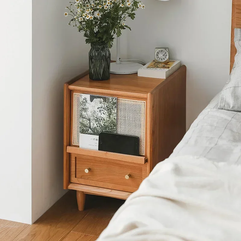 Rattan Nightstands with Charging Station and Led Lights End Tables with 2 Drawers and Wood Legs Bedside Tables for Bedroom