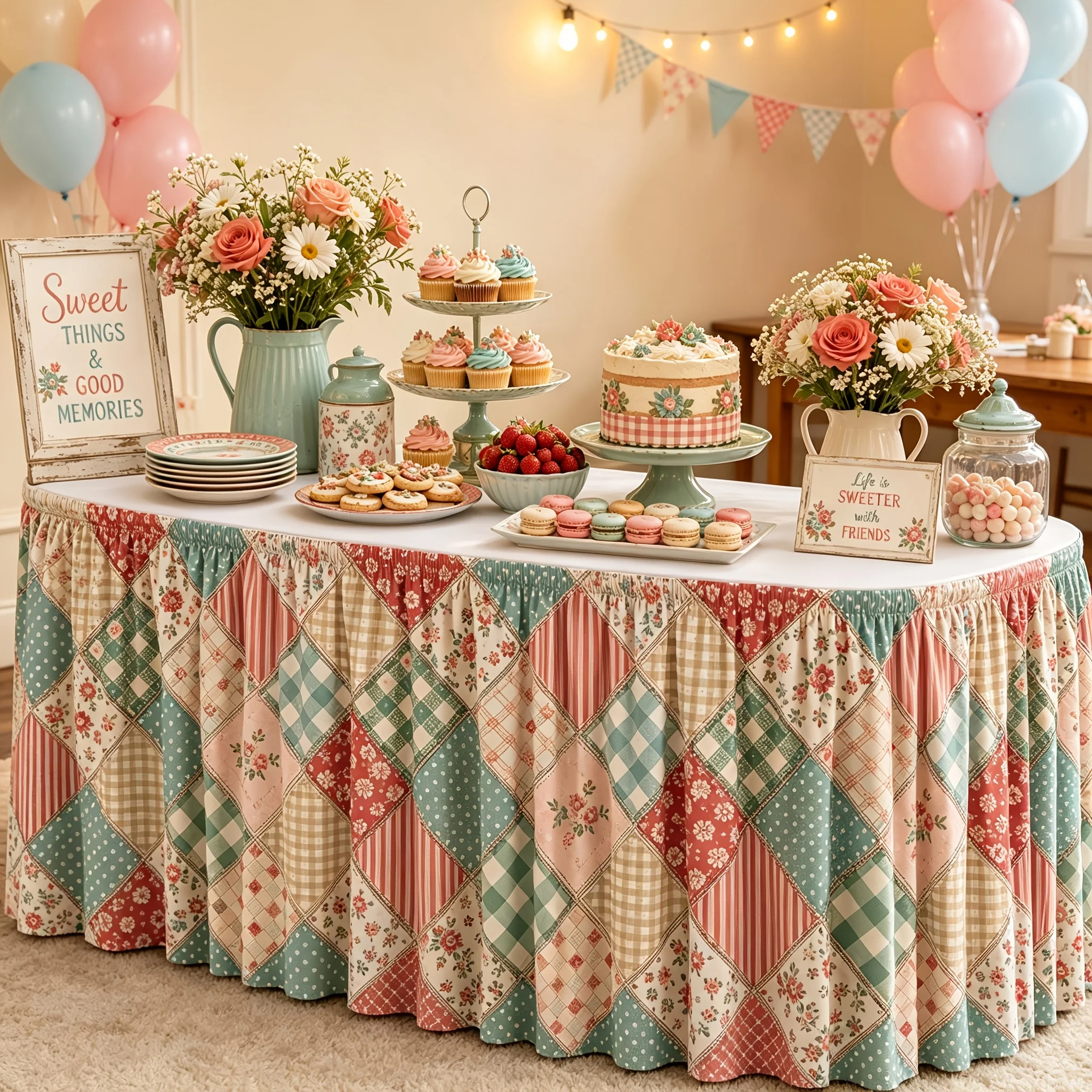 Tableskirt 1 piece 2d flat printing, tablecloth with rhombus floral plaid patchwork pattern, retro patchwork pastoral style