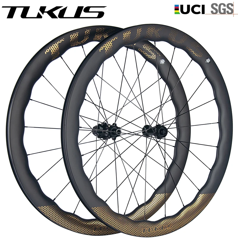 Tukus Wheels Gold Pattern Wave Carbon Wheel Set UCI Quality Racing Wheelset 700c Bicycle Wheelset Road Bike Wheelset Disc Brake