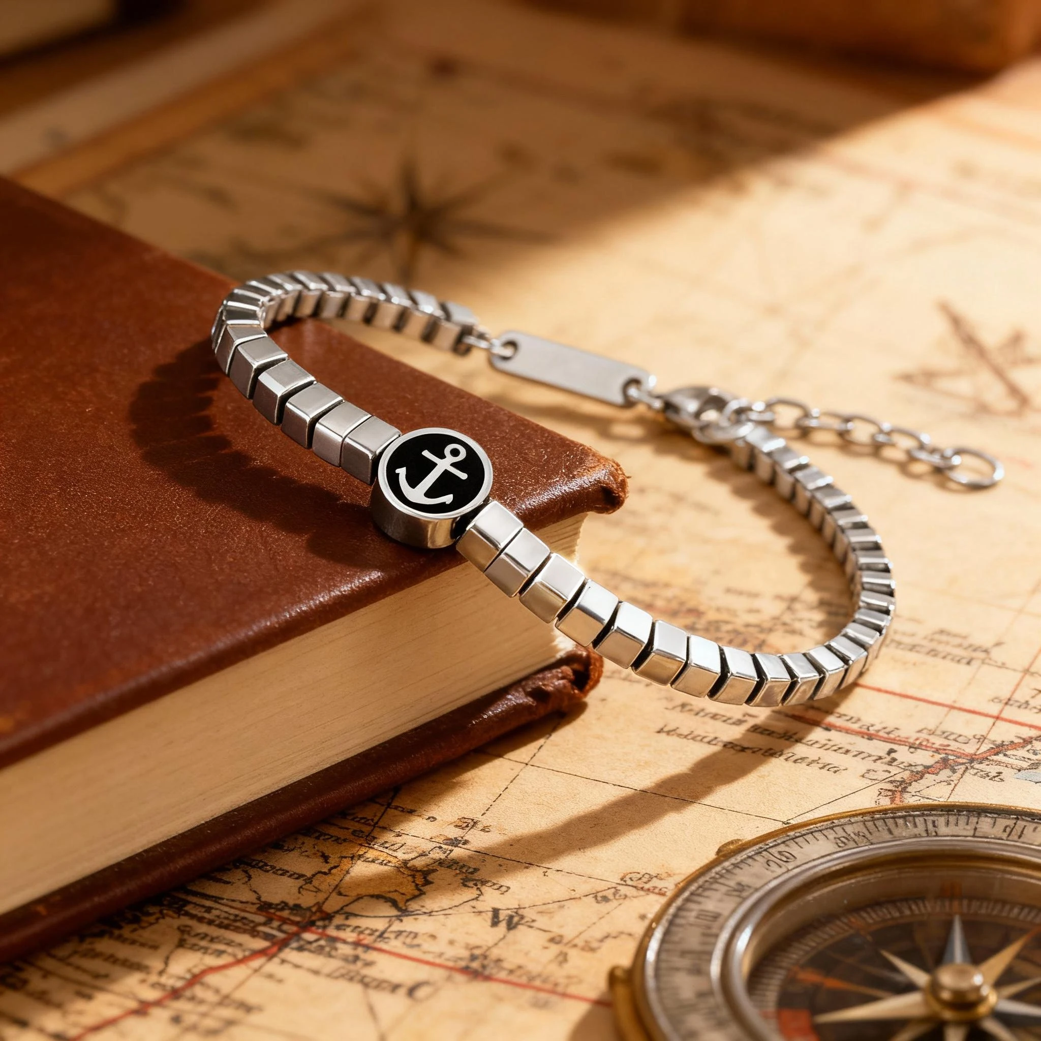 Runda Men\'s Stainless Steel Bracelet Box Chain Anchor Pattern Pendant Adjustable 22cm Fashion Luxury Brand Accessory