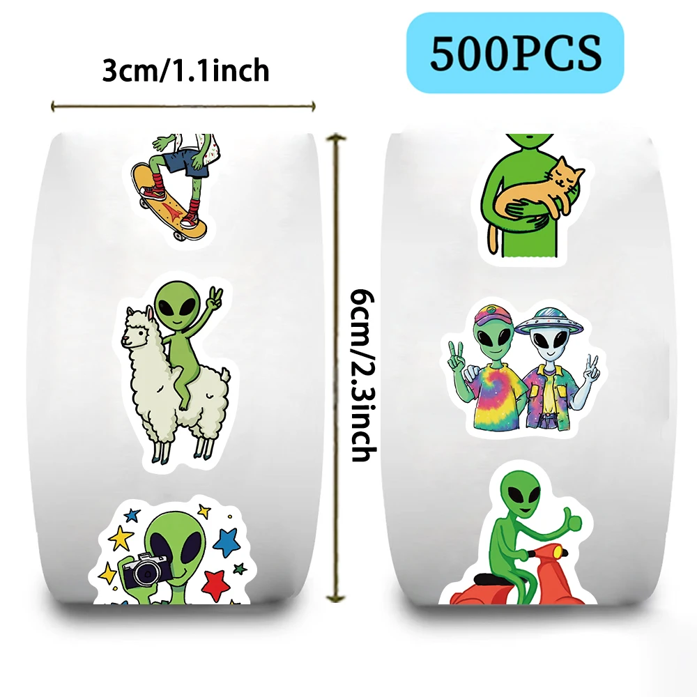 500pcs Cartoon Alien Roll Stickers For Scrapbooking Phone Luggage Laptop Helmet Waterproof Decals Funny Cool Decals