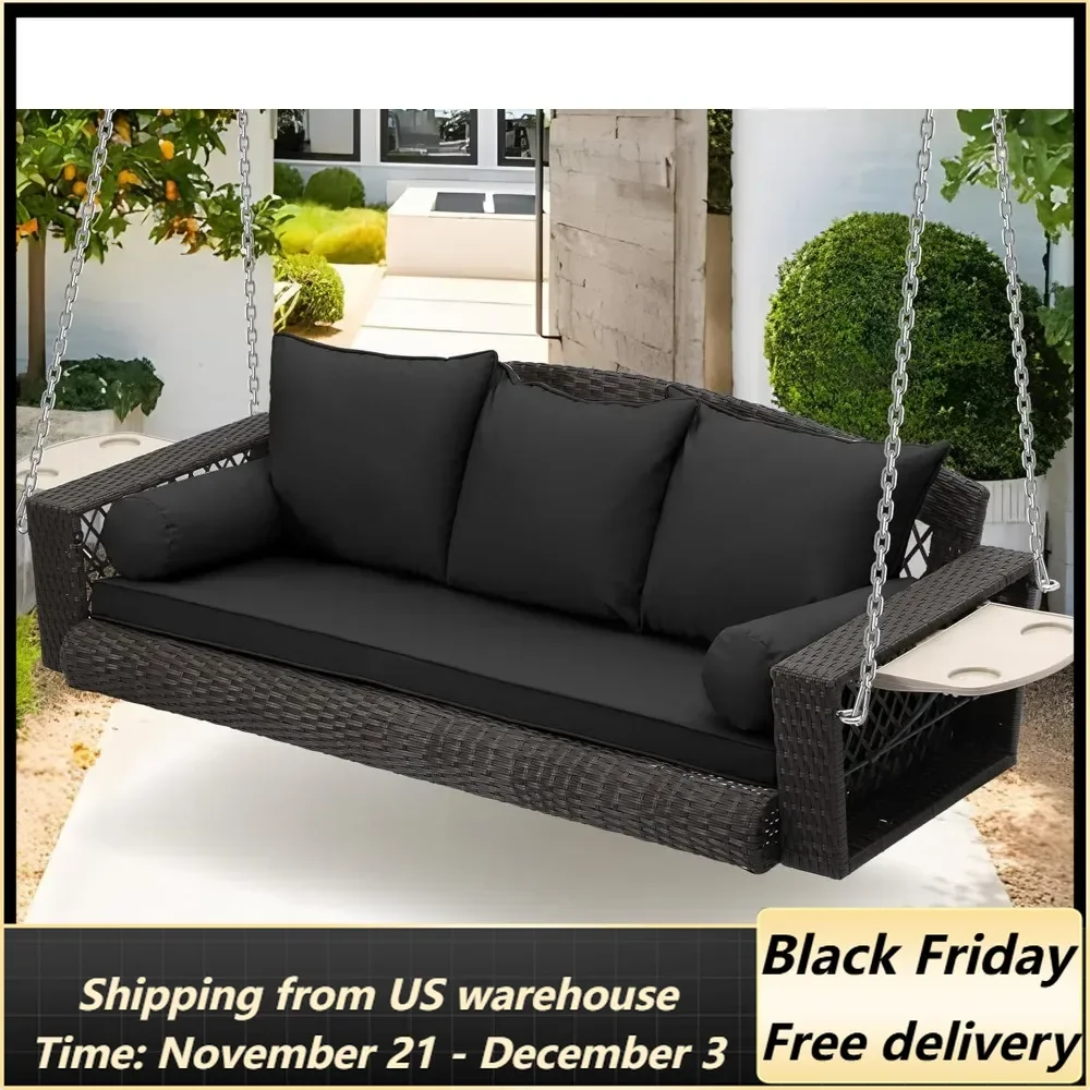 Wicker Hanging Porch Swing - Outdoor 3 Person Patio Swing Bench with Cushion & Chains - 3-Seat Porch Swing Chair with Cup Holder