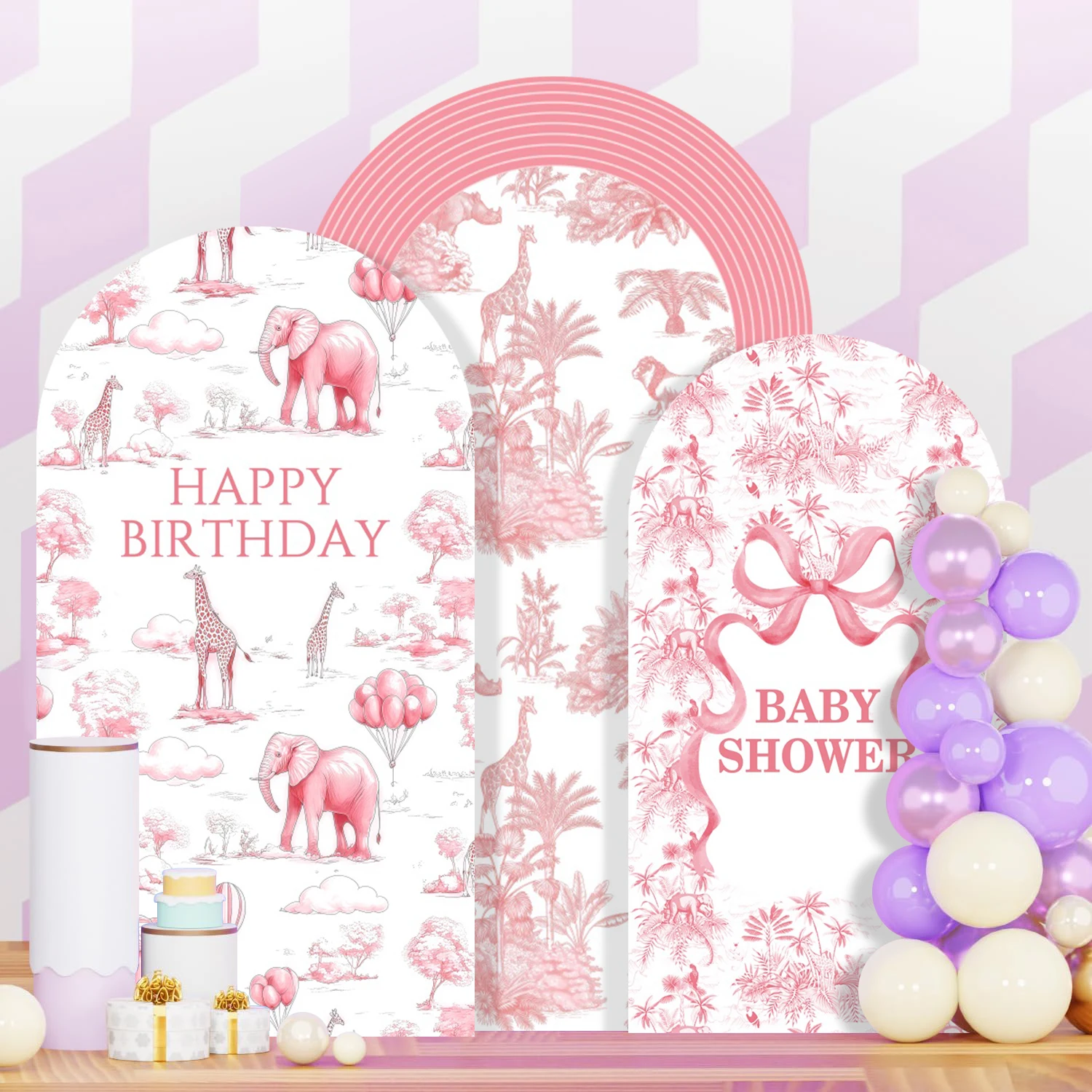 Yeele Jungle Animals Arch Cover Backdrop Elephant Giraffe Pink Grass Baby Shower Newborn Girl Birthday Party Arched Background