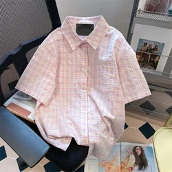 EBAIHUI Women Summer Checkered Shirts Pink Plaid Japanese Casual Wear Blouse Single Breasted Girly Sweety Short Sleeve Blusas