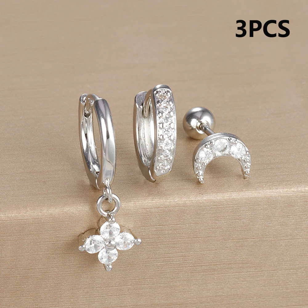 3pcs Silver Color Moon Flower Zircon Small Hoop Earring Small Stainless Steel Cartilage Piercing Earring Woman\'s Jewelry Sets