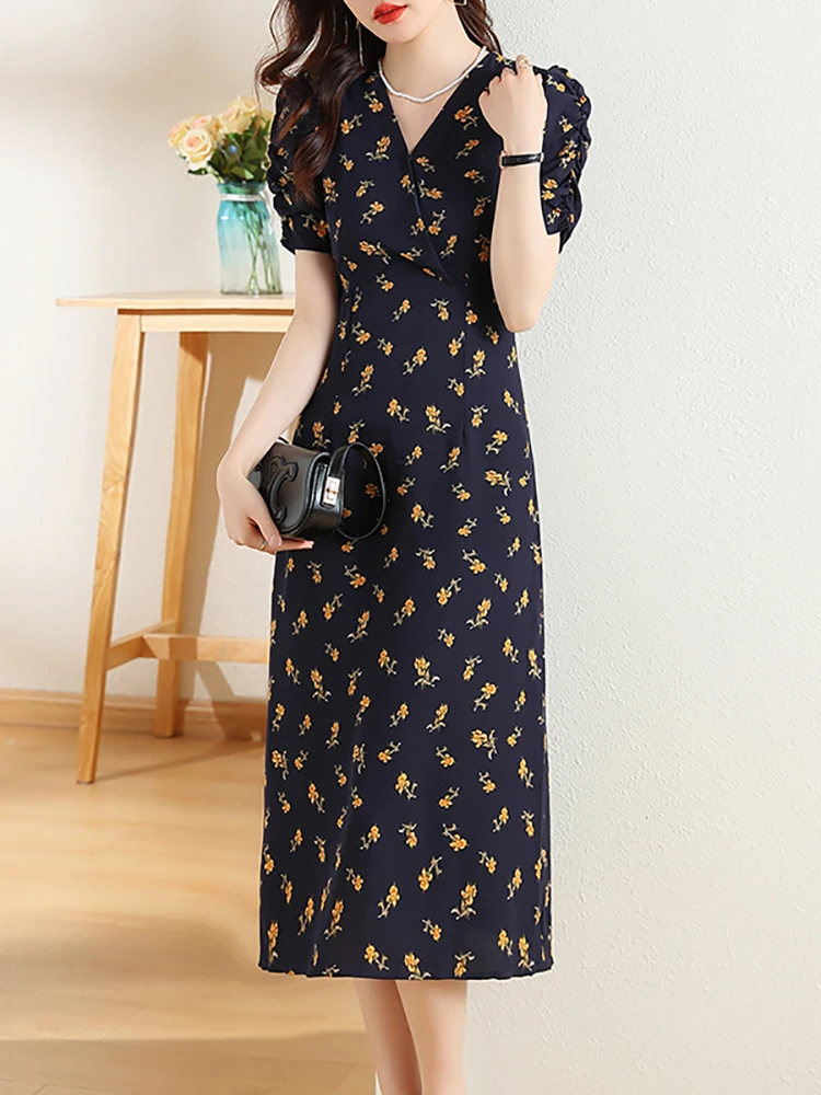 2026 Floral Short Sleeve V-Neck Midi Dress Women Elegant Bodycon Formal  Dress Summer Korean Vintage Hepburn Casual Party Dresses - AliExpress  200000345