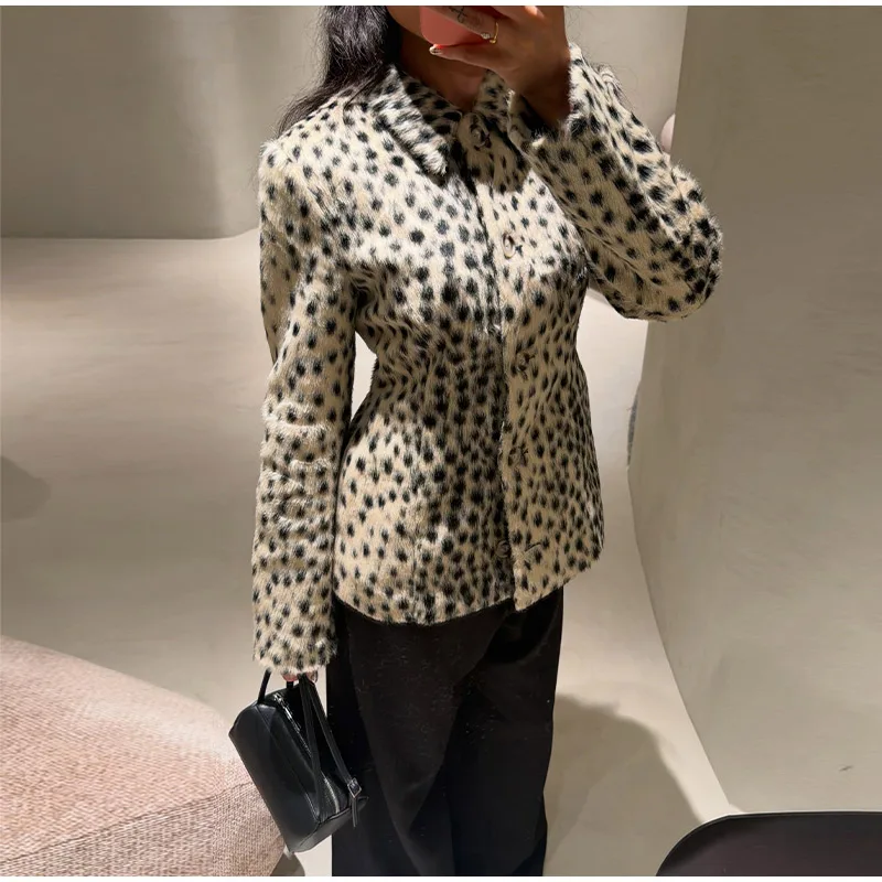 Women's Color Block Spotted Faux Fur Jacket Fur Jacket Wide Lapel Collar Long Sleeve Cropped Hem Drop Shoulder Street Warm Tops 7
