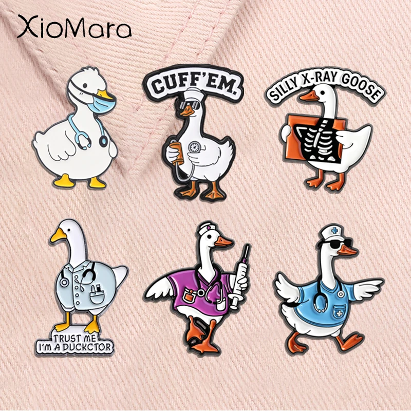 CUFF'EM Nurse Goose Enamel Pin Funny Medical Staff Blood Pressure Cuff Nurse Hat Sunglasses Brooch Animal Badge Jewelry Gift