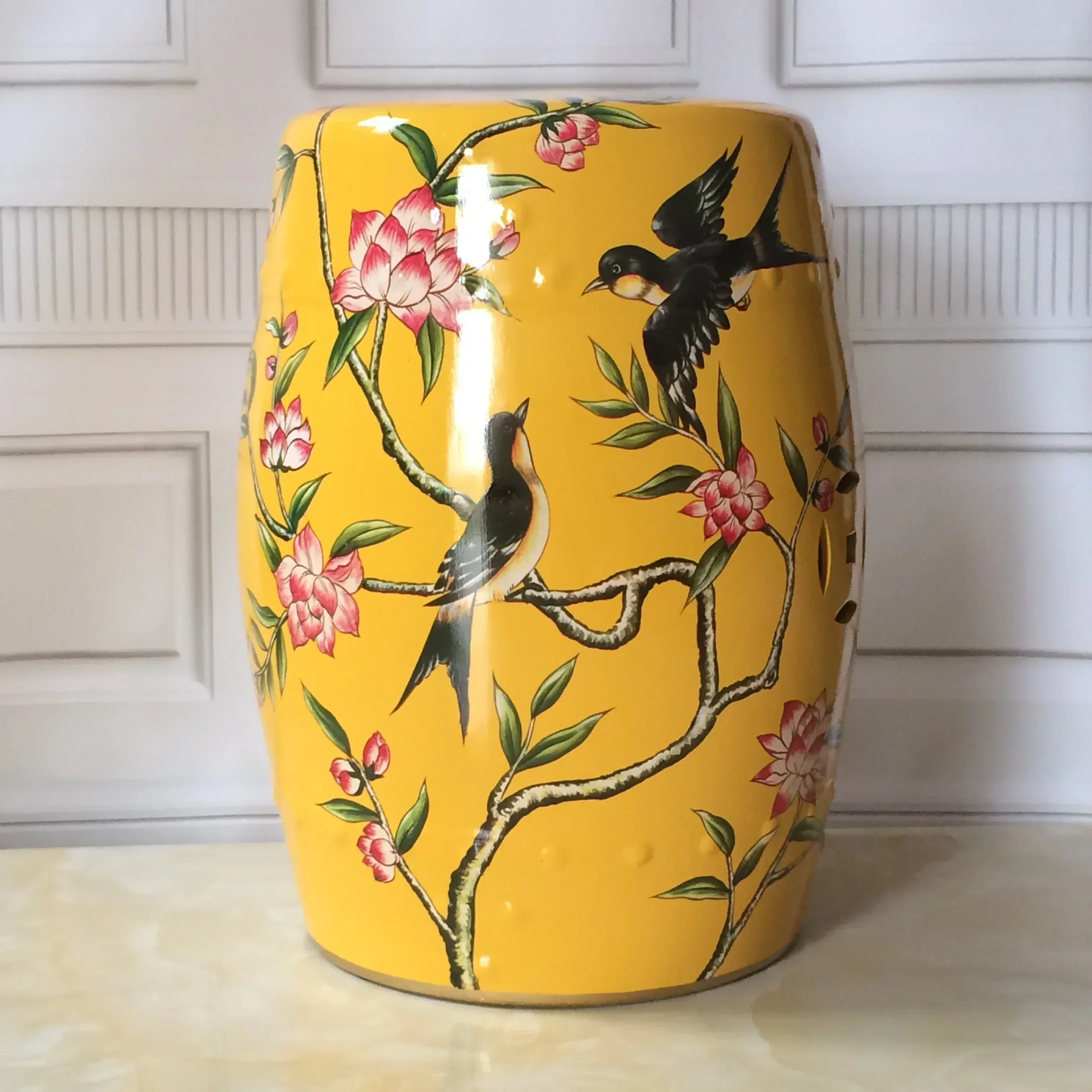 Taburete para cambiar zapatos, taburete de tambor de cerámica con diseño de pájaro y flores, taburete antiguo para sentarse, muebles para sala de estar, tocador de lujo