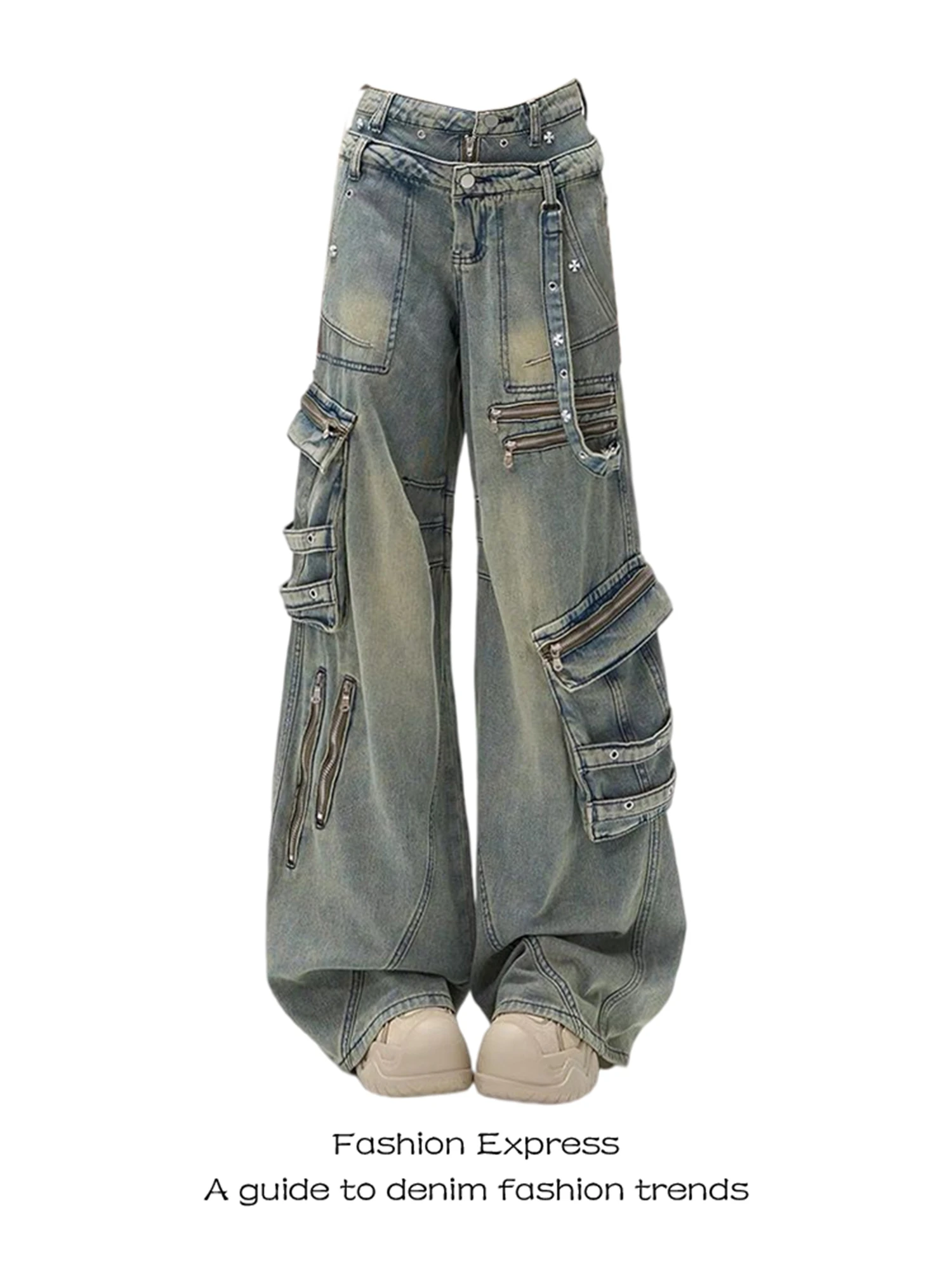 

Y2K Women's High Waist Wide Leg Cargo Jeans Vintage Washed Multi - Zipper Pocket Loose Fit Streetwear Denim Trousers