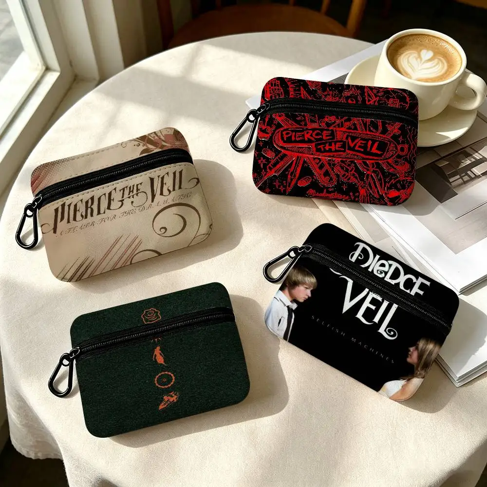 Pierce The Veil Music Band  Cloth Coin Purse With Carabiner Hook Portable Key Card Wallet Small Zipper Storage Pouch