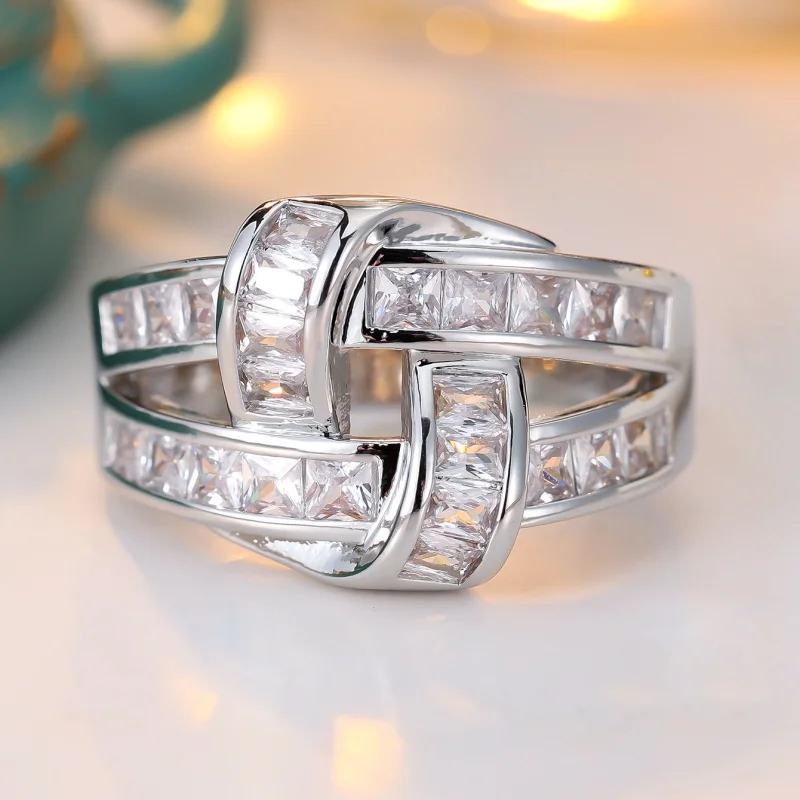 2026 New High End Staggered Ladder Cubic Zirconia Ring for Women, Light Luxury Wrapped with Rectangular Zirconia Accessories