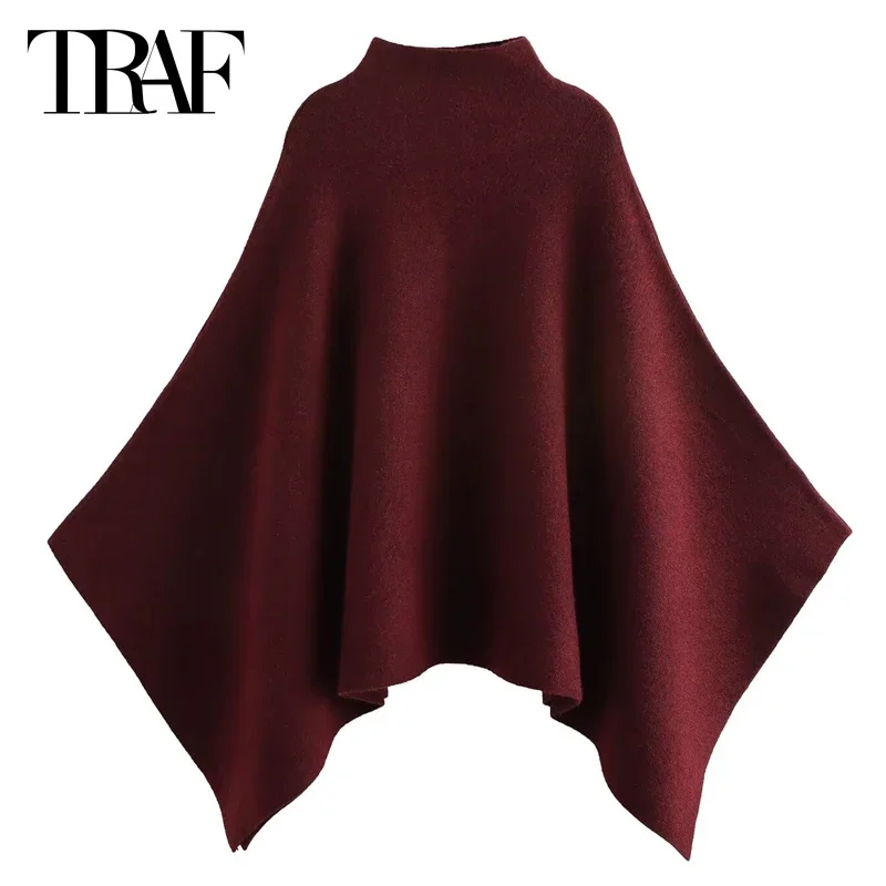 TRAF Asymmetric Knit Capes Women Autumn Burgundy Winter Cloak Woman Ponchos Loose Red Cape New Coats Warm Elegant Woman Poncho