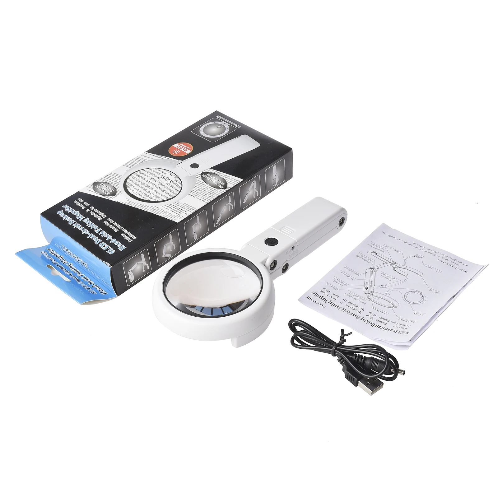 5X/10X Handheld Magnifier with LED Light and Stand USB Powered Illuminated Magnifying Glass for Electronics Repair Hobby Tool