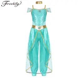 Kids Girls Arabian Princess Costume Indian Princess Dress Up Bollywood Belly Dance Costumes Shiny Sequins Jumpsuit