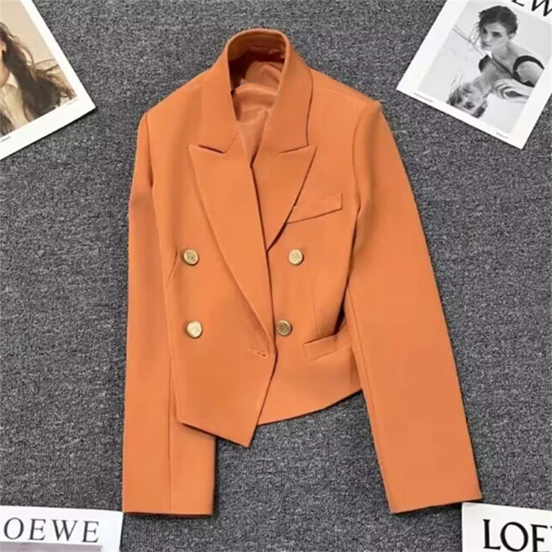 Orange Short Tailored Jacket Women's Fashion Spring Autumn British Style Lady Coat Lightweight Polyester Fabric