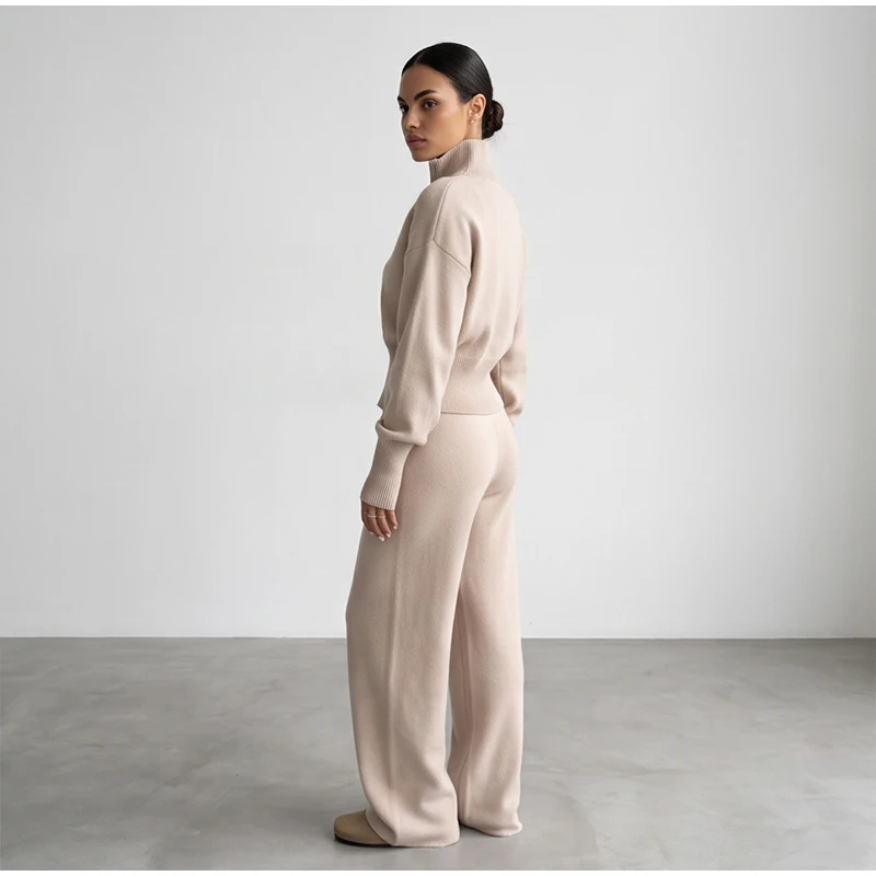 Solid Color Zipper Waist Cinching Casual Set Knitted Top Drawstring Straight Leg Pants 2-piece Sets 2026 Autumn Lady Daily Wear