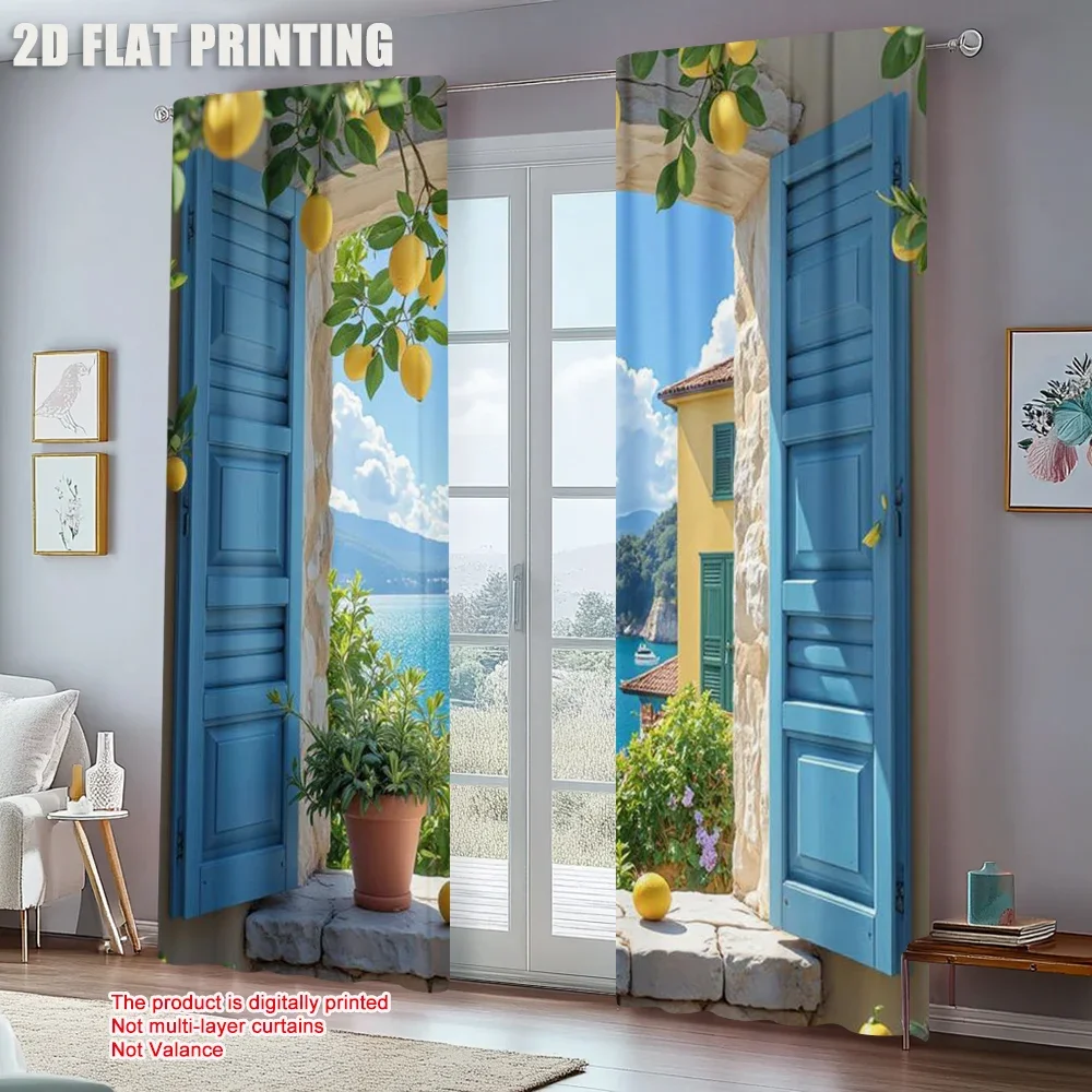 Summer Ocean View Digital Print Curtain Pair Blue Lemon Mediterranean Style Windows Curtains Decor 2pcs
