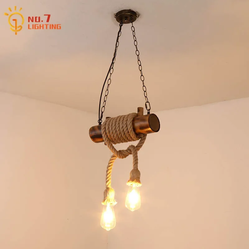 

American Vintage Retro Industrial Hemp Rope Pendant Lights Bamboo LED Indoor Lighting Loft Decor Home Restaurant Coffee Shop Bar