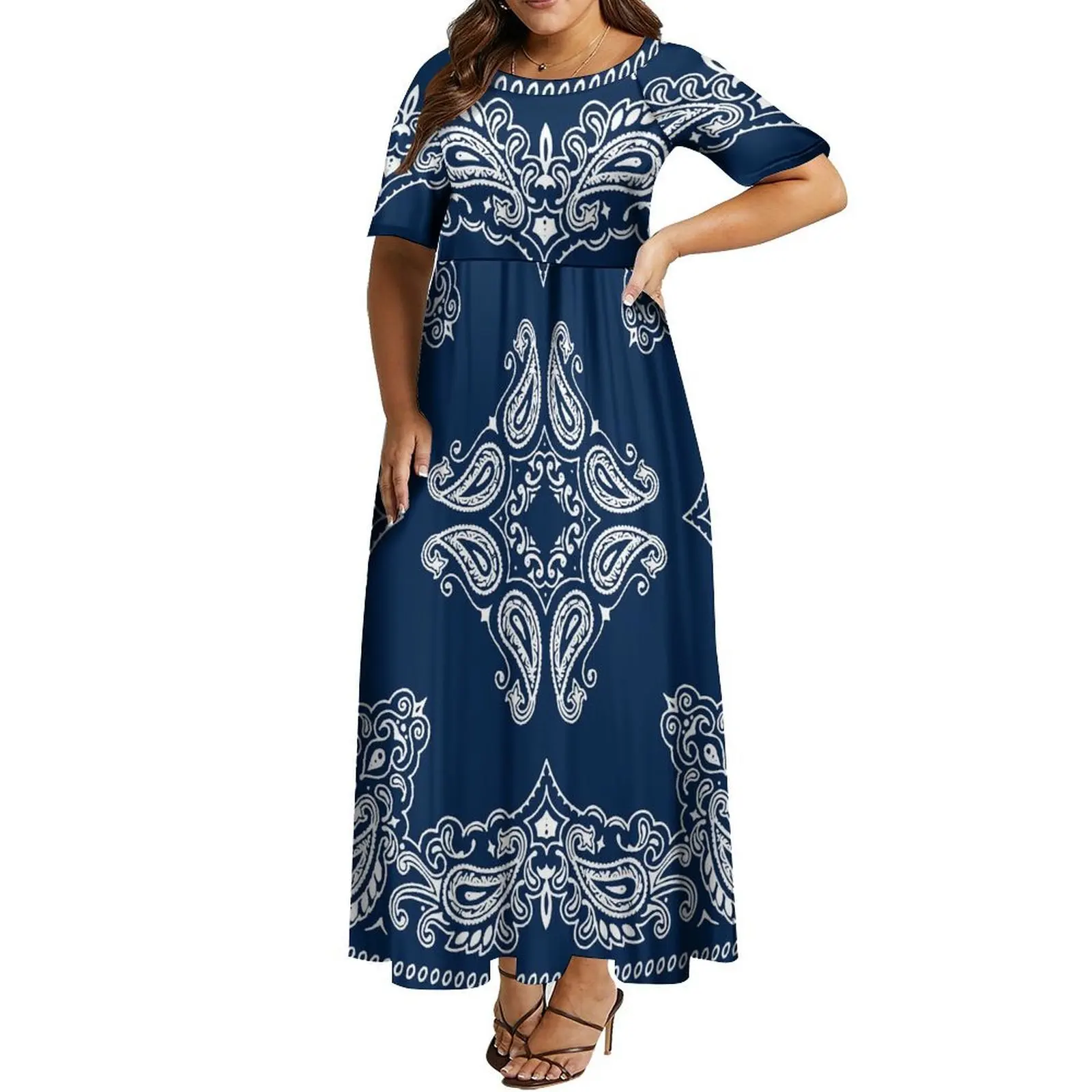 The Newly Designed Bandana Round-Neck Fashion Feature Artistic Print Custom Pattern Elegant Short-Sleeved Dress For Women