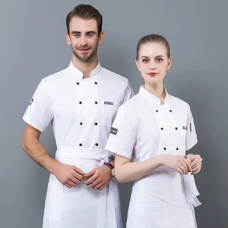 Haut de Chef d'été respirant, 4 couleurs, avec tablier, vêtements de serveur de Restaurant, unisexe, uniforme d'hôtel de boulanger à manches courtes (haut + tablier)