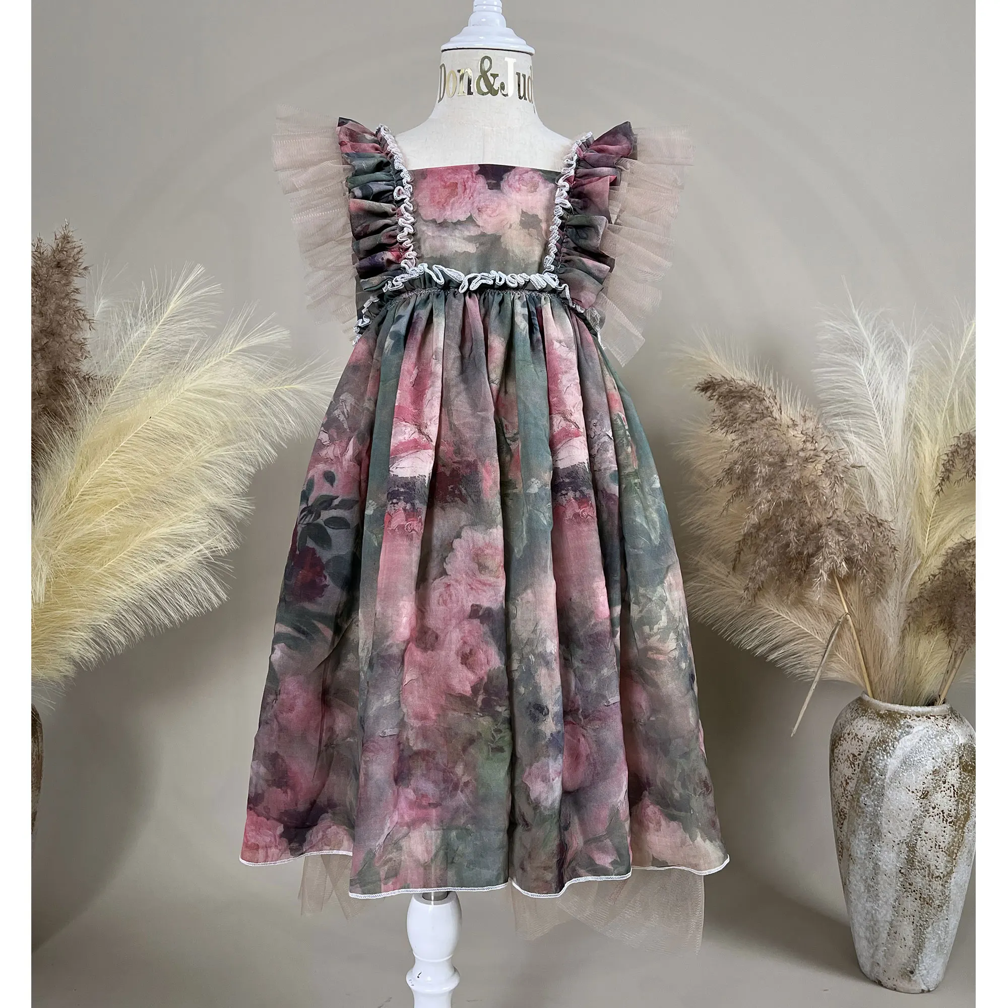 Don&Judy Bohemian Flower Print Mother Daughter Photo Shooting Dresses Party Gown Elegant Mommy And Me Family Photography Outfit