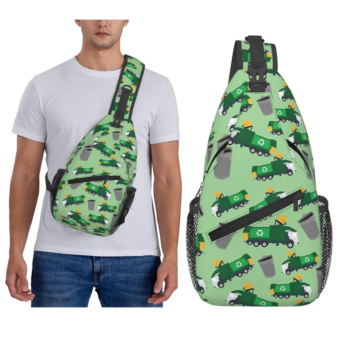 Recycling Garbage Truck Pattern Chest Bag Men Sling Crossbody Backpack Chest Bag Traveling Hiking Daypack Shoulder Bag