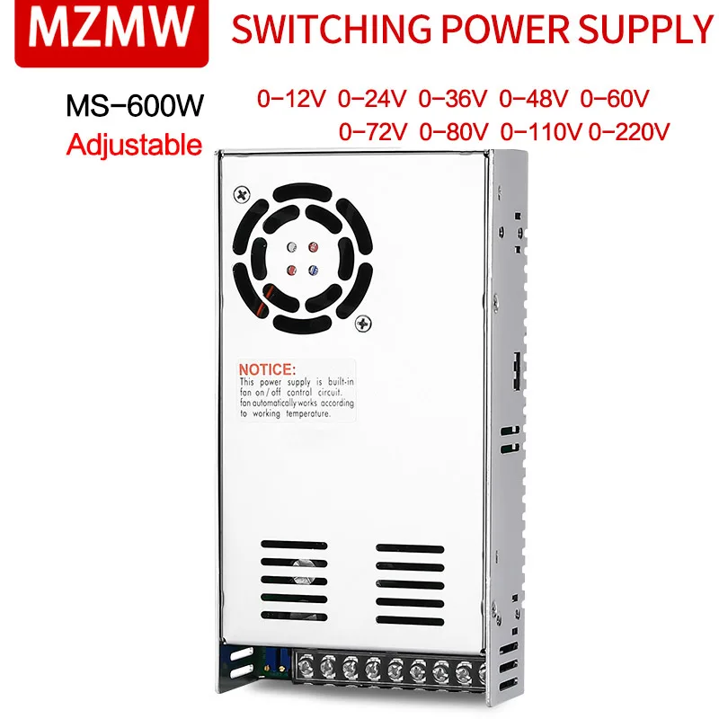 Mzmw Ms600 Fonte de Alimentação de Comutação 600w 5v 12v 24v 36 48v 60v 72 80v 110v 220v Tensão Ajustável Única Saída Ms60036
