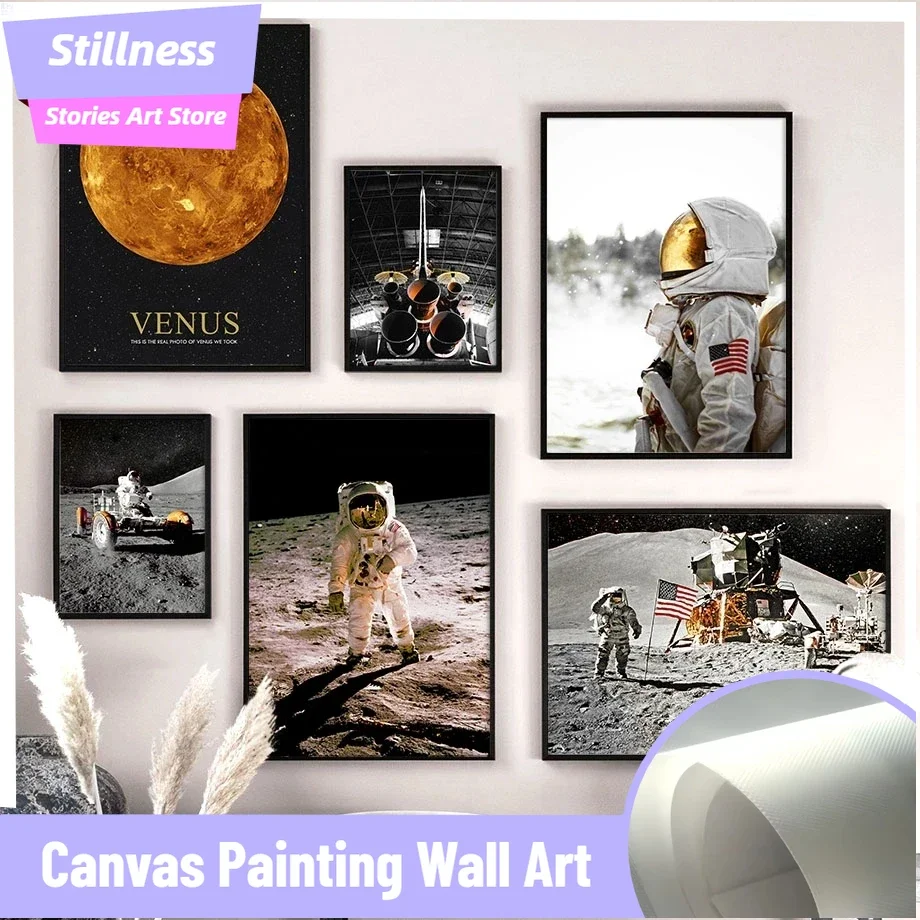 Stillness Stories  frameless Wonderful Astronaut Rocket Starry Sky Wall Art Canvas Painting Posters and Prints Wall Pictures for