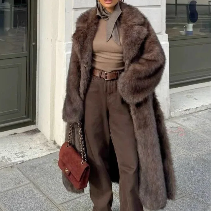

Winter Brown Fuzzy Long Coat Vintage Blazer Collar Faux Fur Overcoat Luxury Fox Fur Outerwear for Women