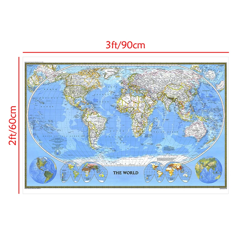 3*2feet World Map 1988 Detailed Poster Wall Chart Non Woven Wallpapers Map of World Poster Decoration Office Supplies