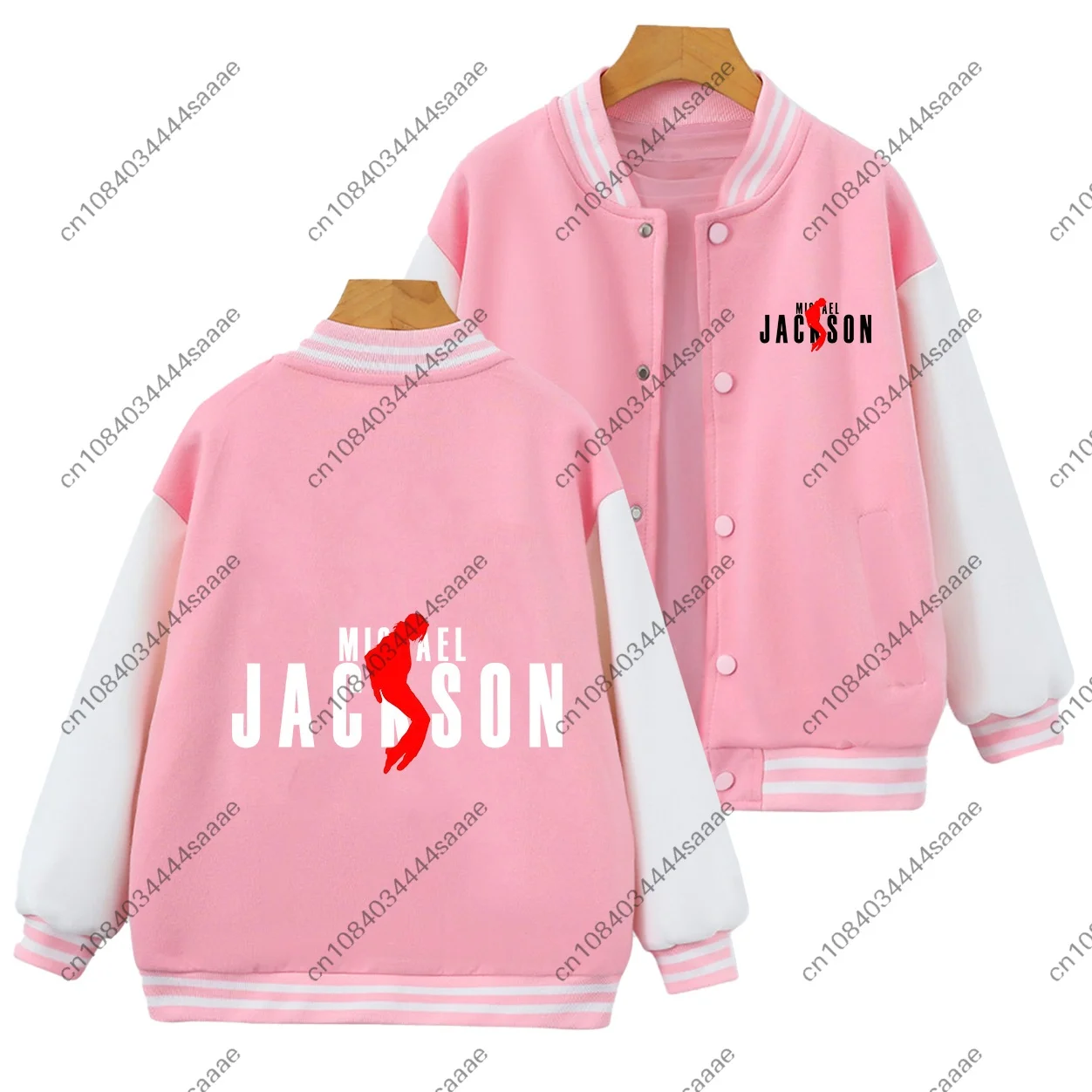 Kids Michael Jackson Print Baseball Jacket Pink White Contrast Sleeve Girls Boys Long Sleeve Coat Children Casual Outerwear - view 6