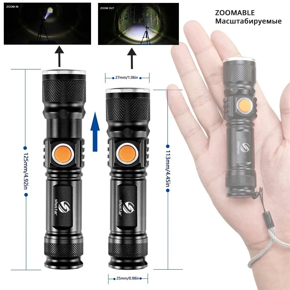 Powerful LED Flashlight With Tail USB Charging Head Zoomable waterproof Torch Portable light 3 Lighting modes Built-in battery