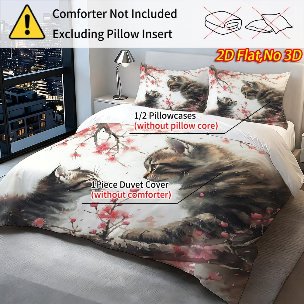 2D ultra-soft digital print duvet cover set, includes three-piece set with pillowcases and duvet cover, cherry blossom cat theme, does not include filling, the fabric is soft and comfortable, suitable for bedrooms, hotels, well-known hotels, and school dormitories. 1*duvet cover + 1/2 pillowcase