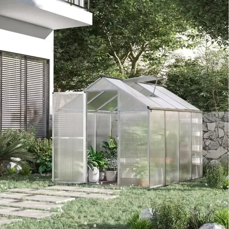 8 L X 6 W Polycarbonate Walk-In Greenhouse with Roof Vent Winter Hobby Greenhouse with Rain Gutter for Garden Ventilation
