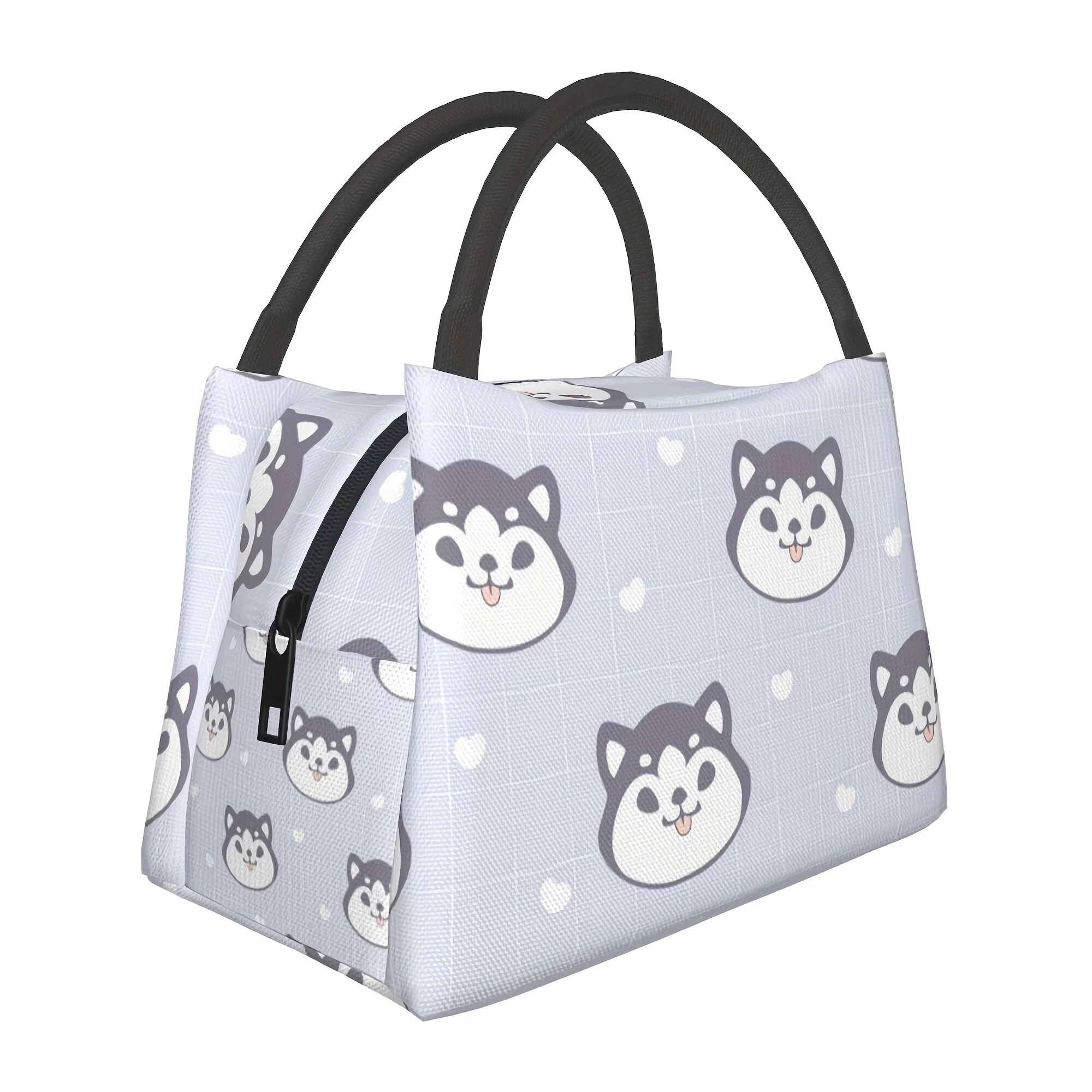

Изолированная сумка для обеда Cute Husky для мужчин и женщин — многоразовая сумка на молнии, серый клетчатый дизайн с игривым рисунком