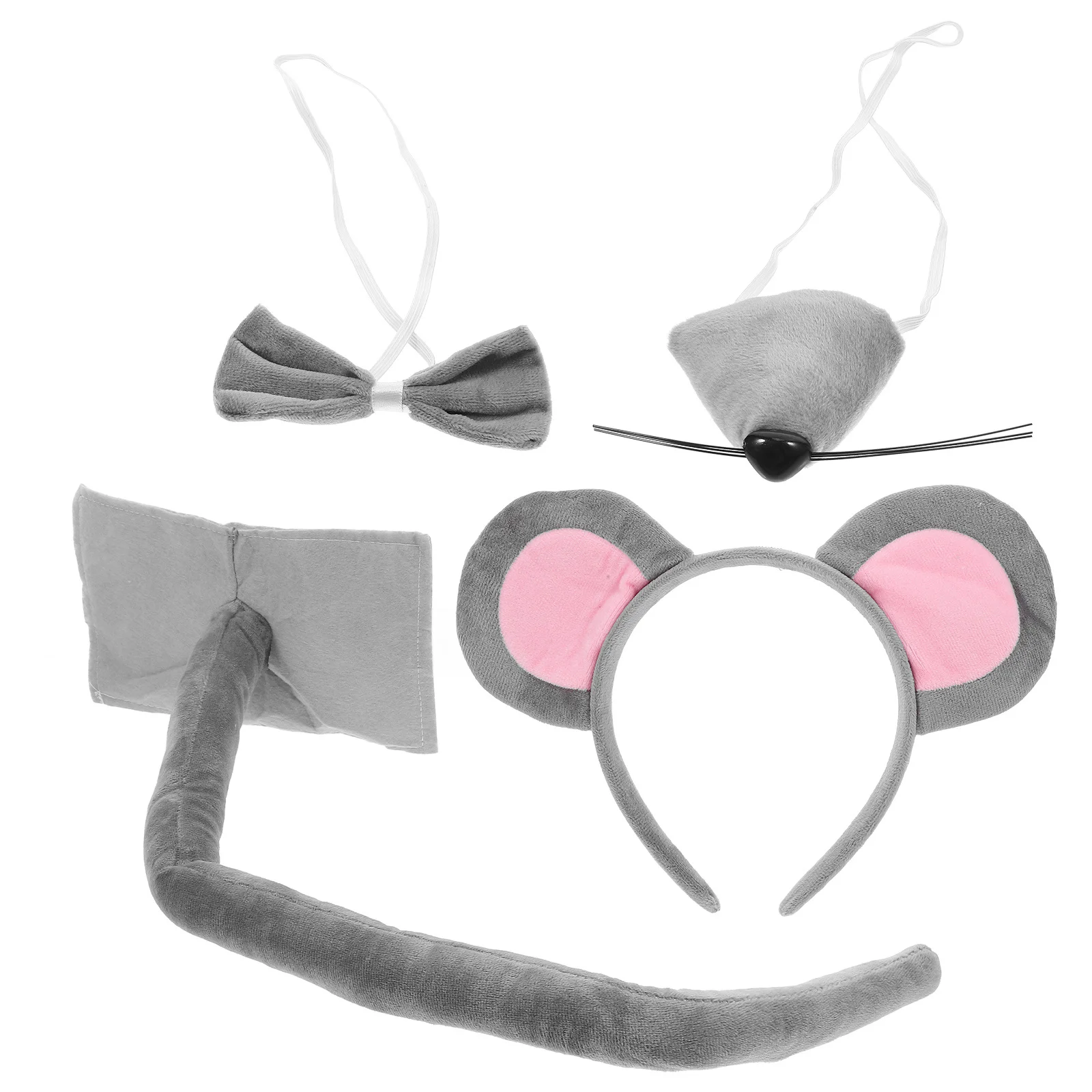 1 Zestaw Szary Strój Myszki z Uszami, Opaską, Ogonem i Muszką, Kostium Cosplay na Imprezę dla Dzieci i Kobiet